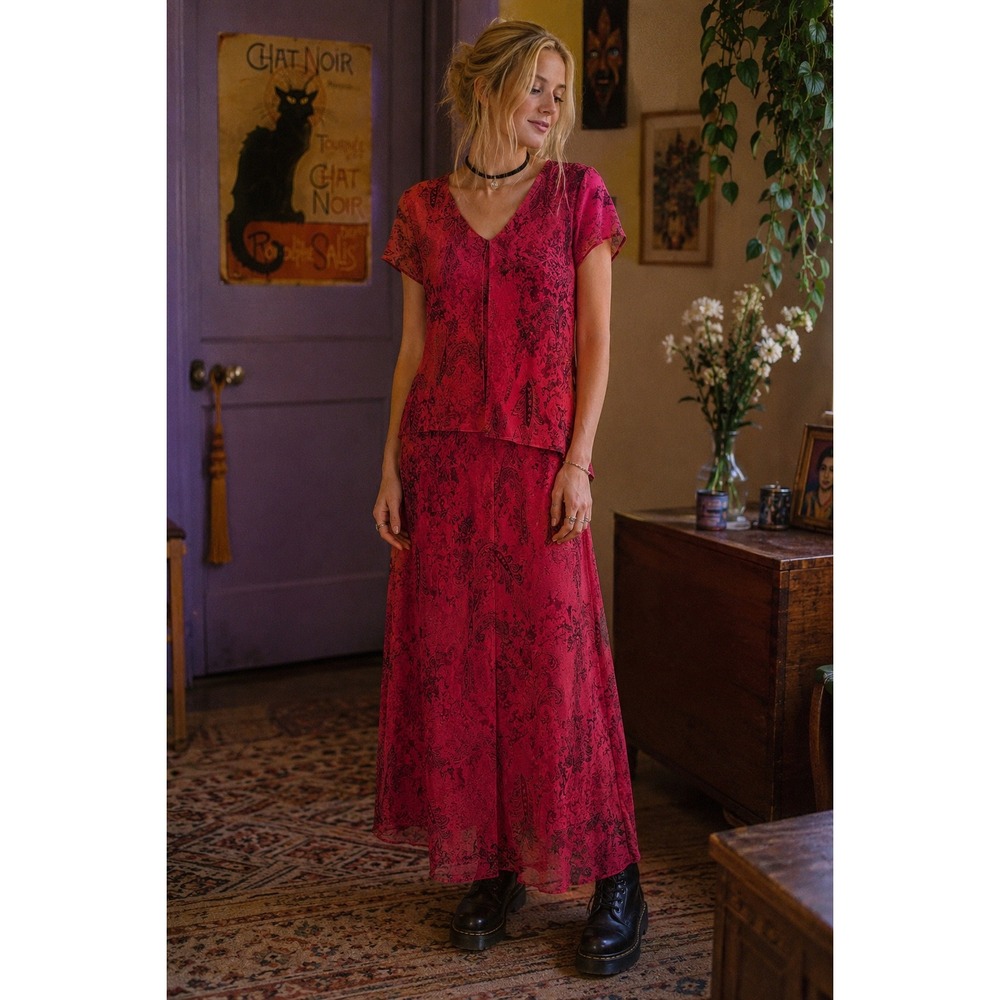 Vtg 90s Paisley Maxi Dress Womens Sz 14 Red Asymmetrical Overlay Phoebe Buffay